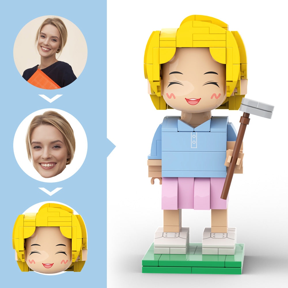 Customized Head Happy Golfer in Blue Suit Brick Figure with Engraved Text Occupational Gift