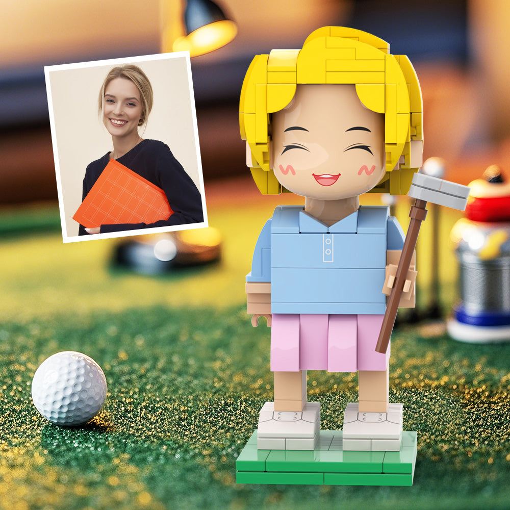 Customized Head Happy Golfer in Blue Suit Brick Figure with Engraved Text Occupational Gift