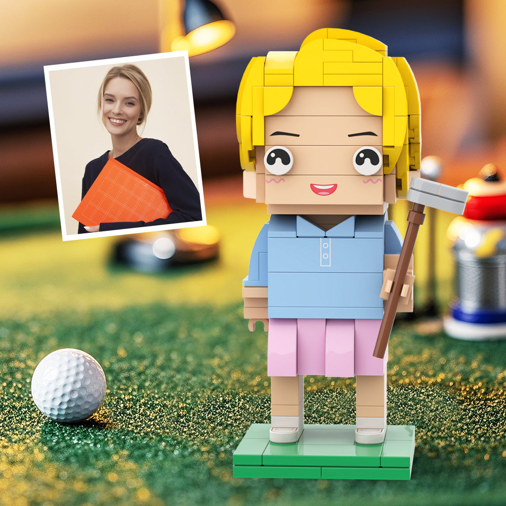 Customized Head Couple Playing Golf Brick Figure with Engraved Text Occupational Gift