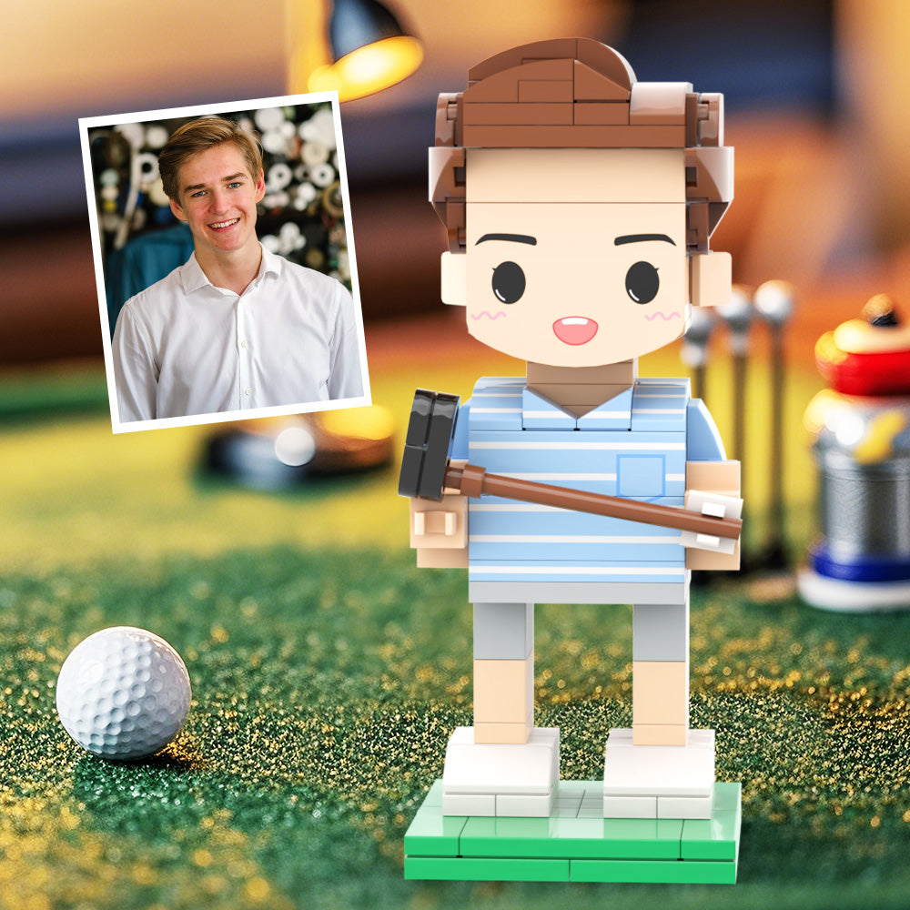 Customized Head Happy Golfer in Blue Suit Brick Figure with Engraved Text Occupational Gift
