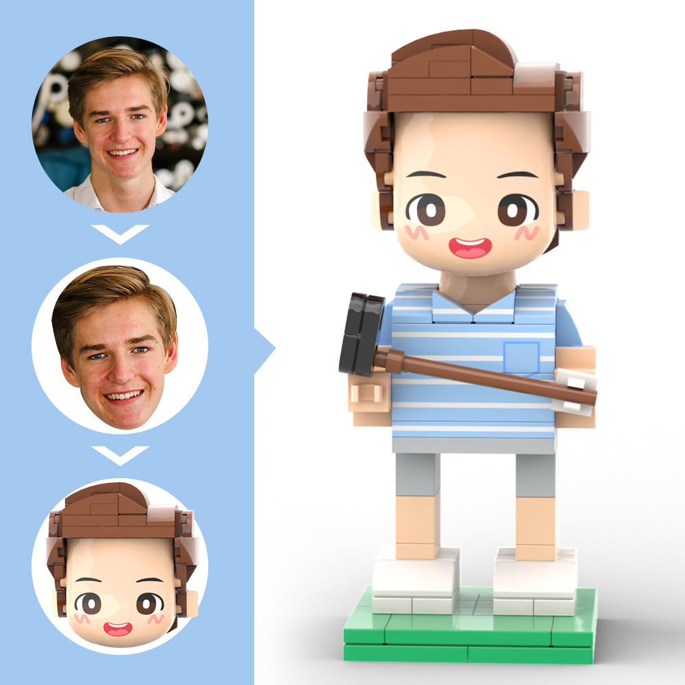 Customized Head Happy Golfer in Blue Suit Brick Figure with Engraved Text Occupational Gift