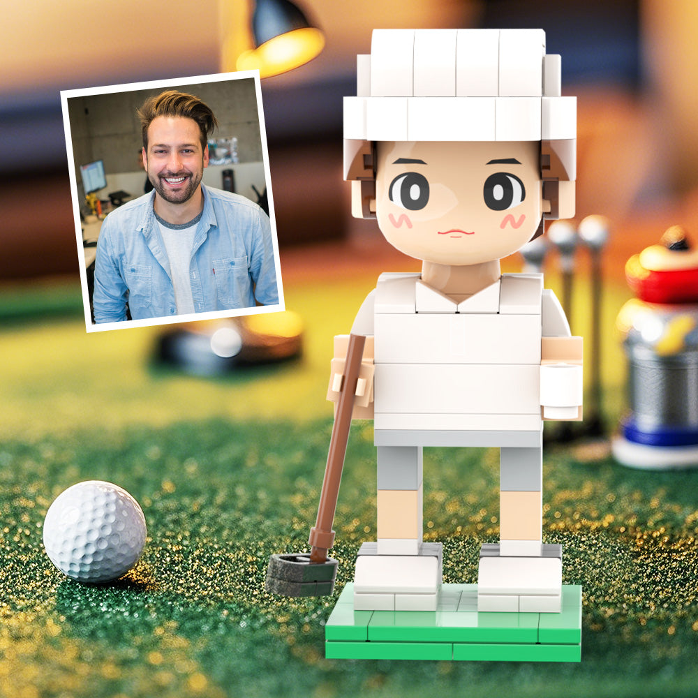 Customized Head Happy Golfer in Blue Suit Brick Figure with Engraved Text Occupational Gift