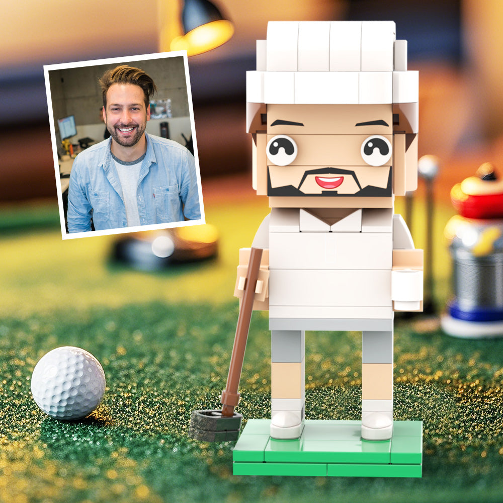 Customized Head Happy Golfer in Blue Suit Brick Figure with Engraved Text Occupational Gift
