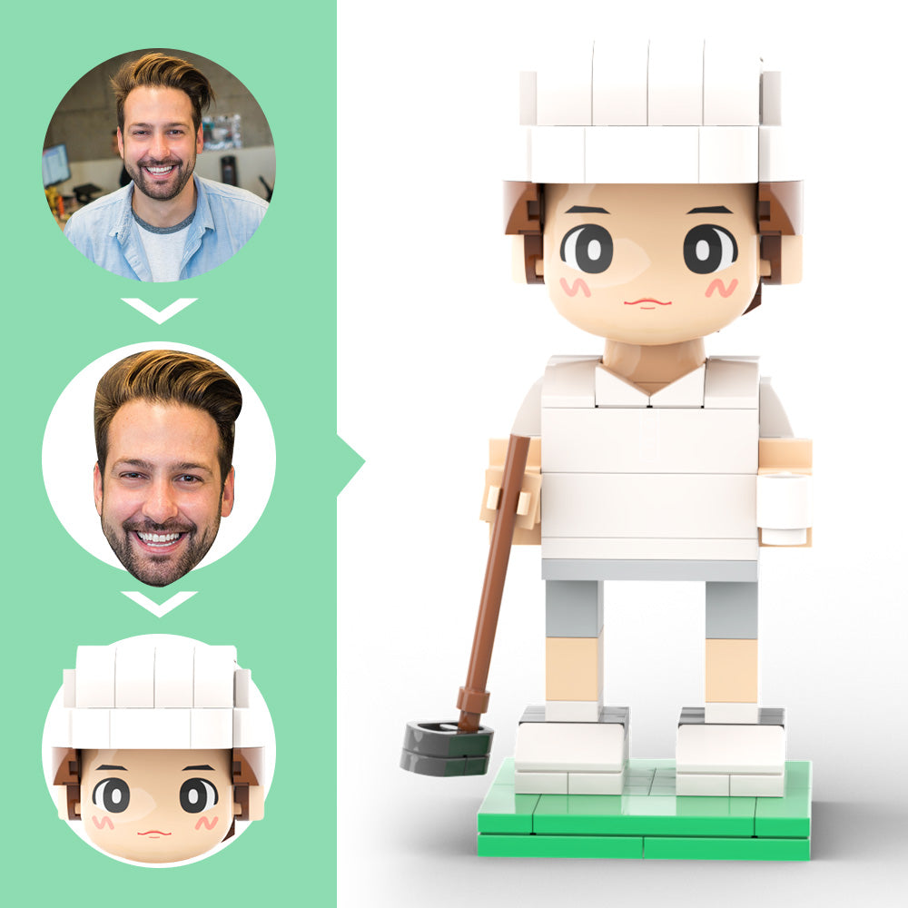 Customized Head Happy Golfer in Blue Suit Brick Figure with Engraved Text Occupational Gift
