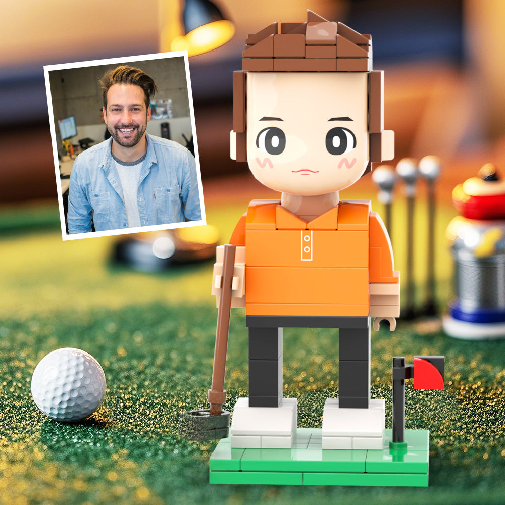 Customized Head Happy Golfer in Blue Suit Brick Figure with Engraved Text Occupational Gift