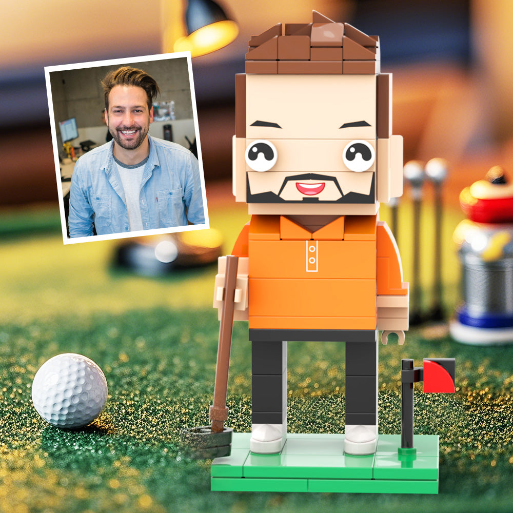 Customized Head Happy Golfer in Blue Suit Brick Figure with Engraved Text Occupational Gift