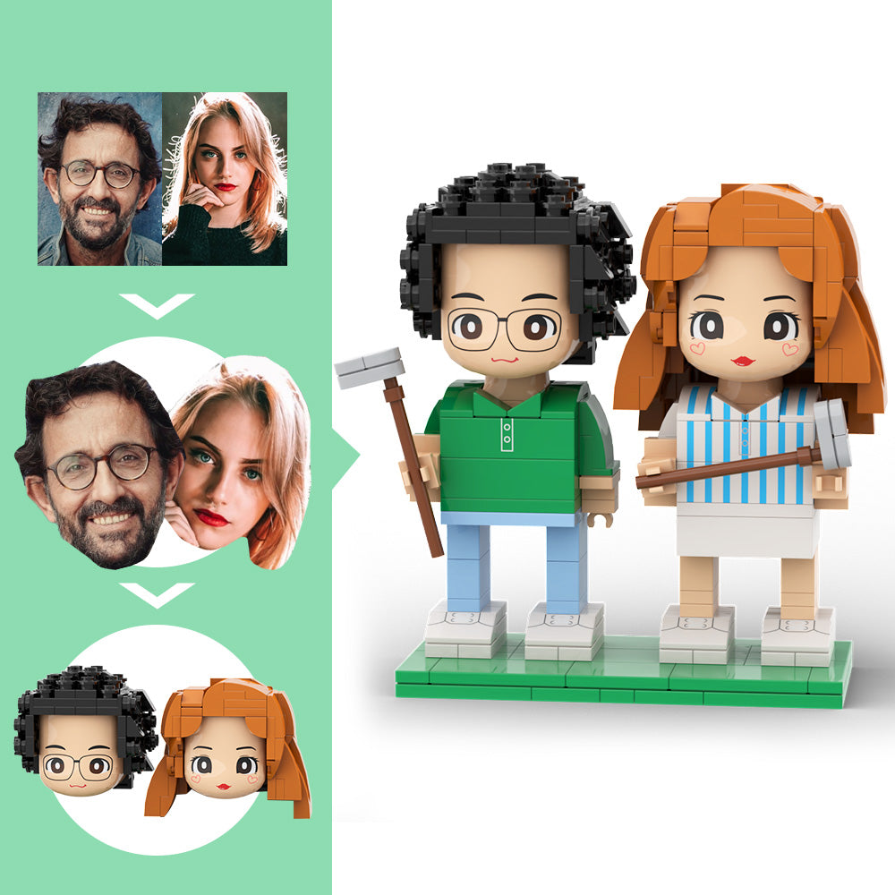Customized Head Couple Playing Golf Brick Figure with Engraved Text Occupational Gift