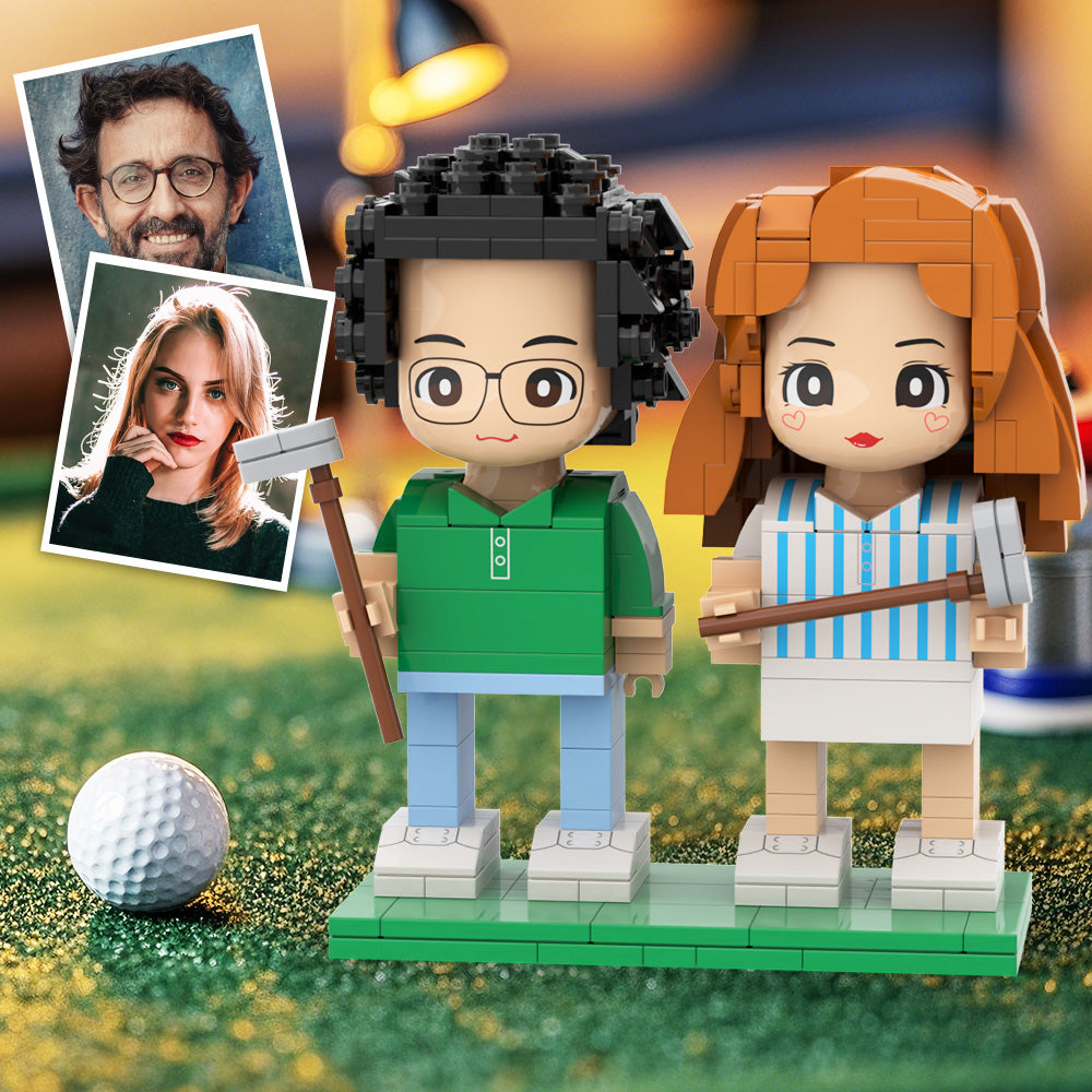 Customized Head Happy Golfer in Blue Suit Brick Figure with Engraved Text Occupational Gift