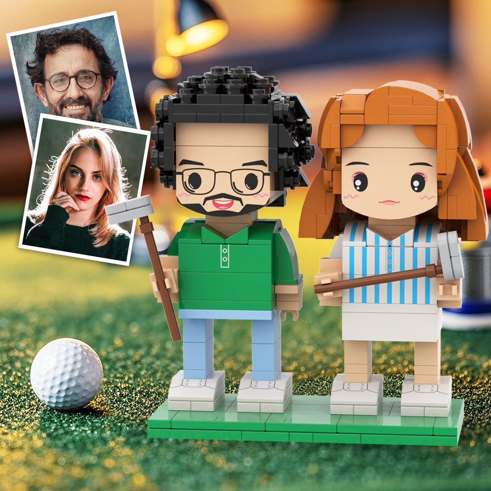 Customized Head Happy Golfer in Blue Suit Brick Figure with Engraved Text Occupational Gift