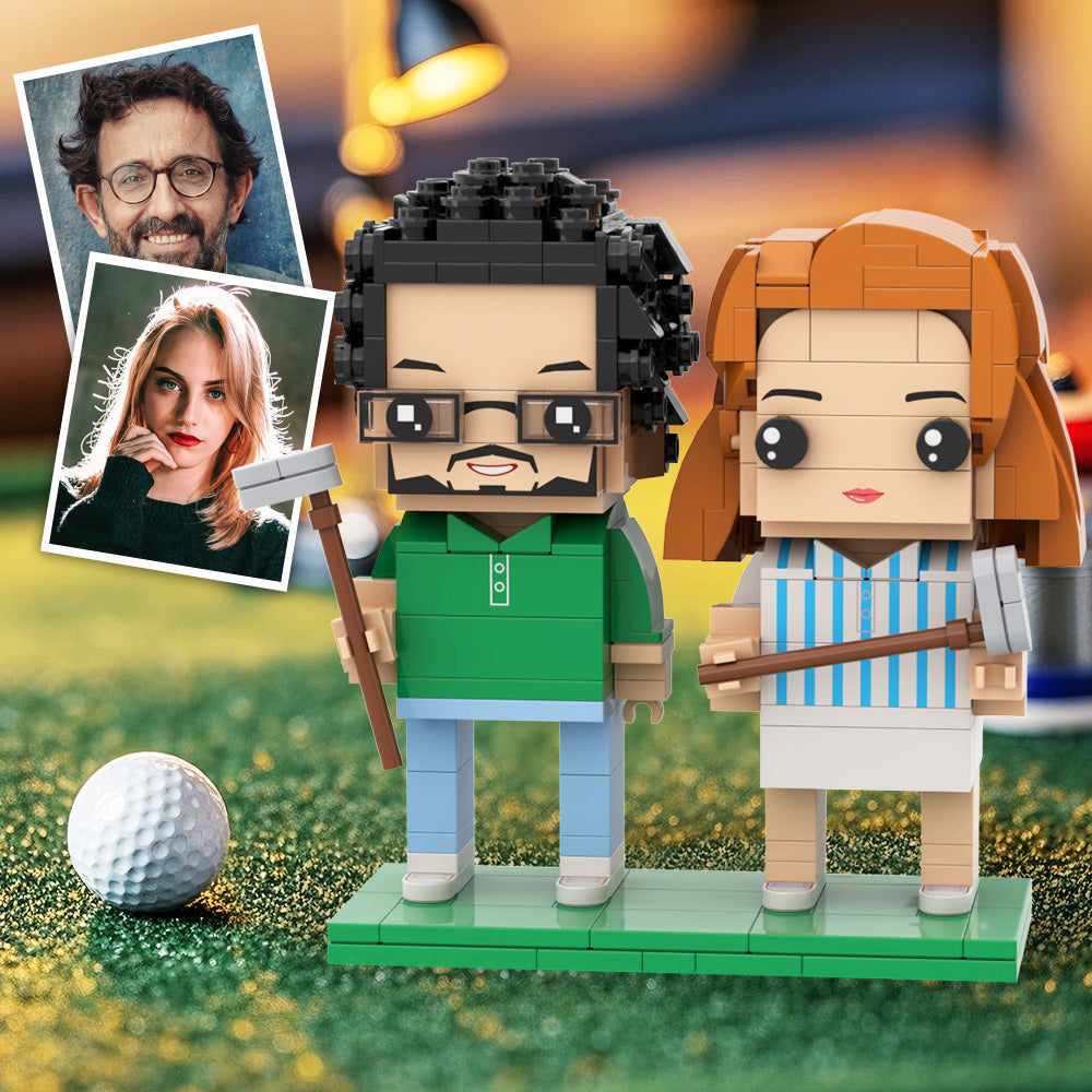 Customized Head Happy Golfer in Blue Suit Brick Figure with Engraved Text Occupational Gift
