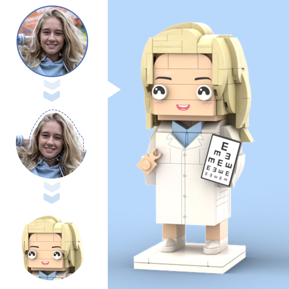 Doctors' Day Gift Customized Head Brick Figure for Female Doctor in Lab Coat with Engraved Text Occupational Gift