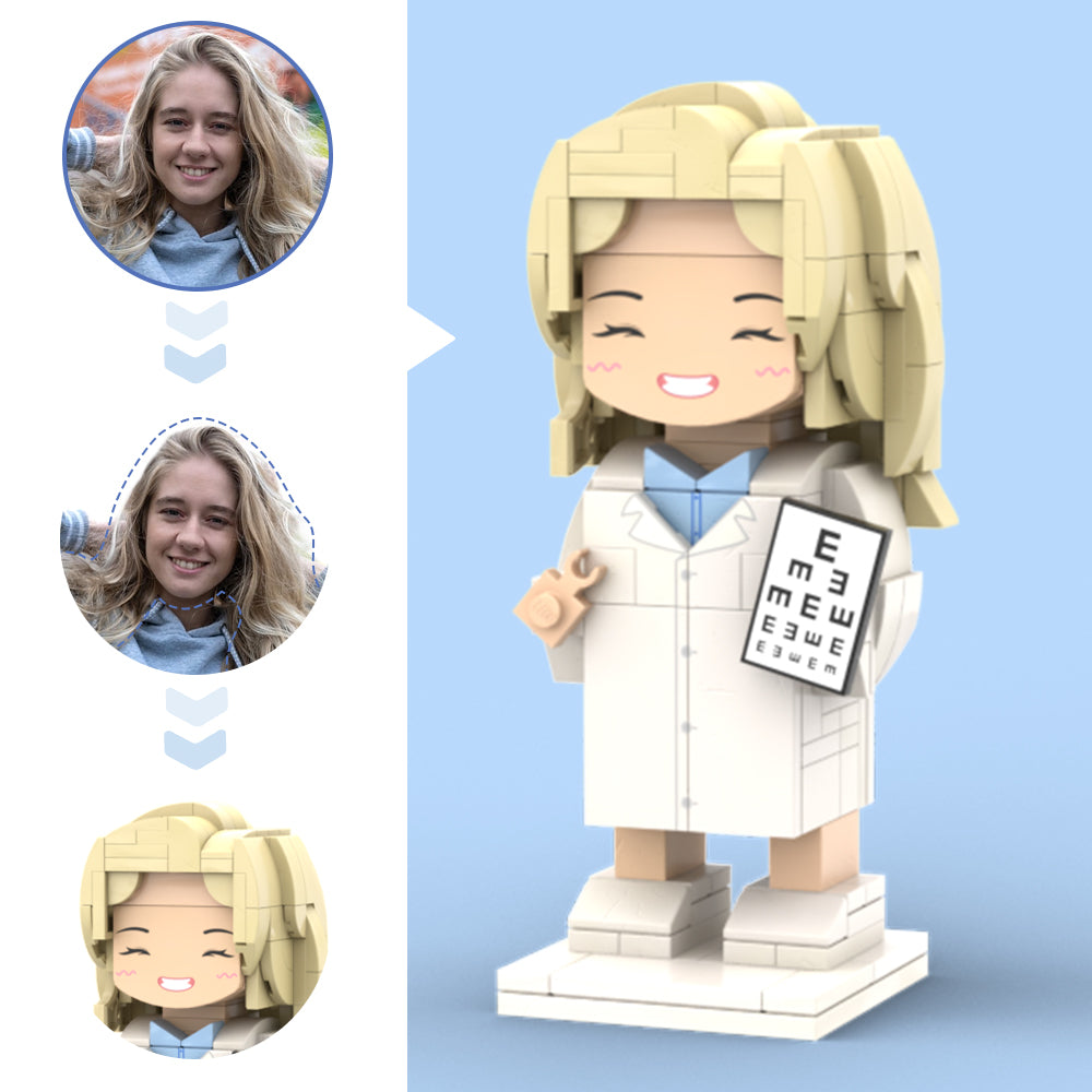 Doctors' Day Gift Customized Head Brick Figure for Female Doctor in Lab Coat with Engraved Text Occupational Gift