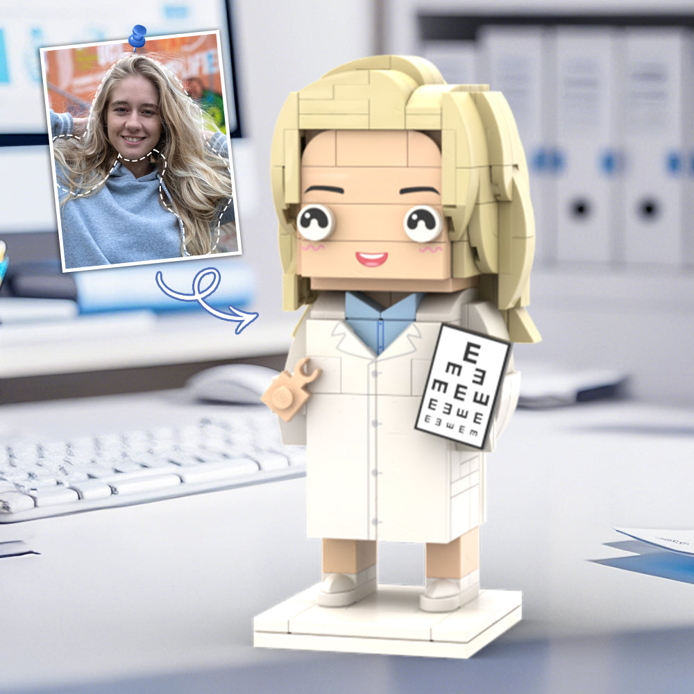 Doctors' Day Gift Customized Head Brick Figure for Female Doctor in Lab Coat with Engraved Text Occupational Gift