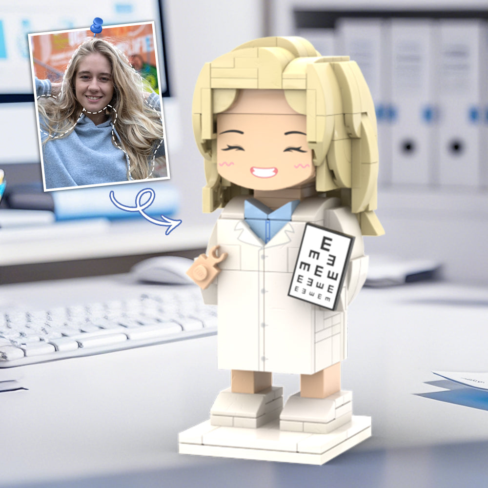 Doctors' Day Gift Customized Head Brick Figure for Female Doctor in Lab Coat with Engraved Text Occupational Gift