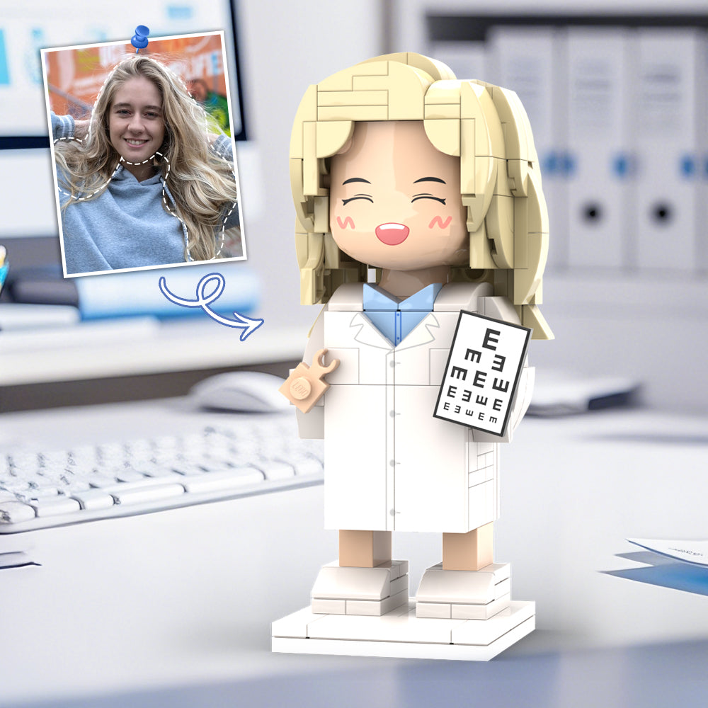 Doctors' Day Gift Customized Head Brick Figure for Female Doctor in Lab Coat with Engraved Text Occupational Gift