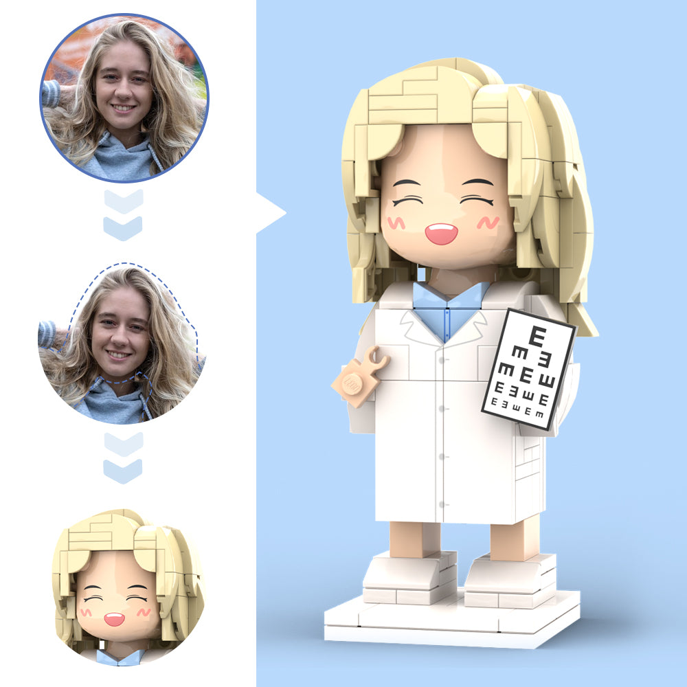 Doctors' Day Gift Customized Head Brick Figure for Female Doctor in Lab Coat with Engraved Text Occupational Gift