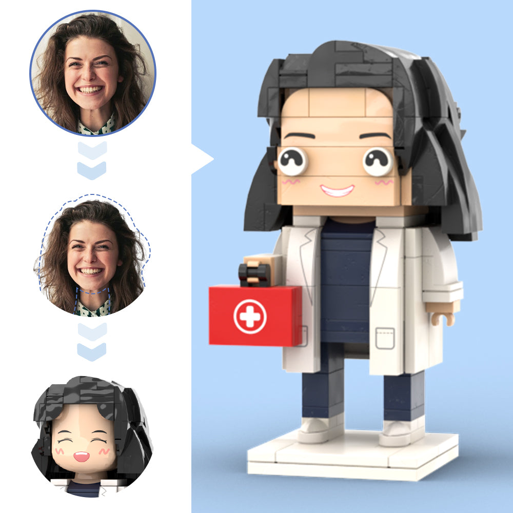 Doctors' Day Gift Customized Head Brick Figure for Female Doctor in Lab Coat with Engraved Text Occupational Gift