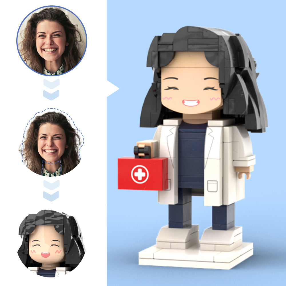 Doctors' Day Gift Customized Head Brick Figure for Female Doctor in Lab Coat with Engraved Text Occupational Gift