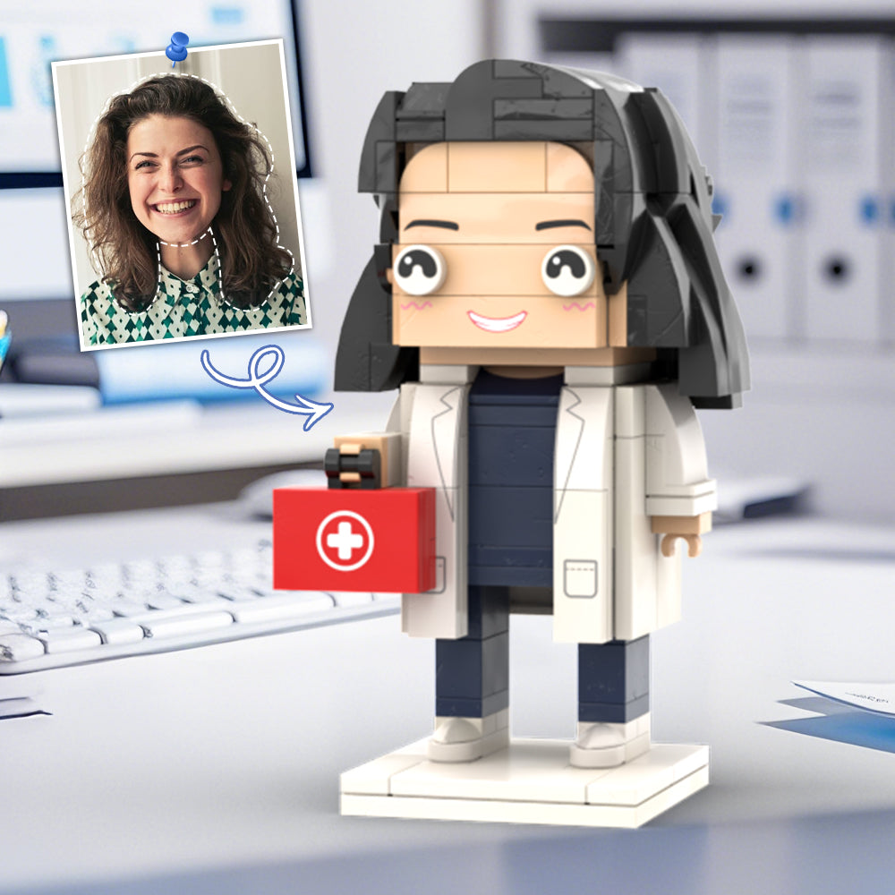 Doctors' Day Gift Customized Head Brick Figure for Female Doctor in Lab Coat with Engraved Text Occupational Gift