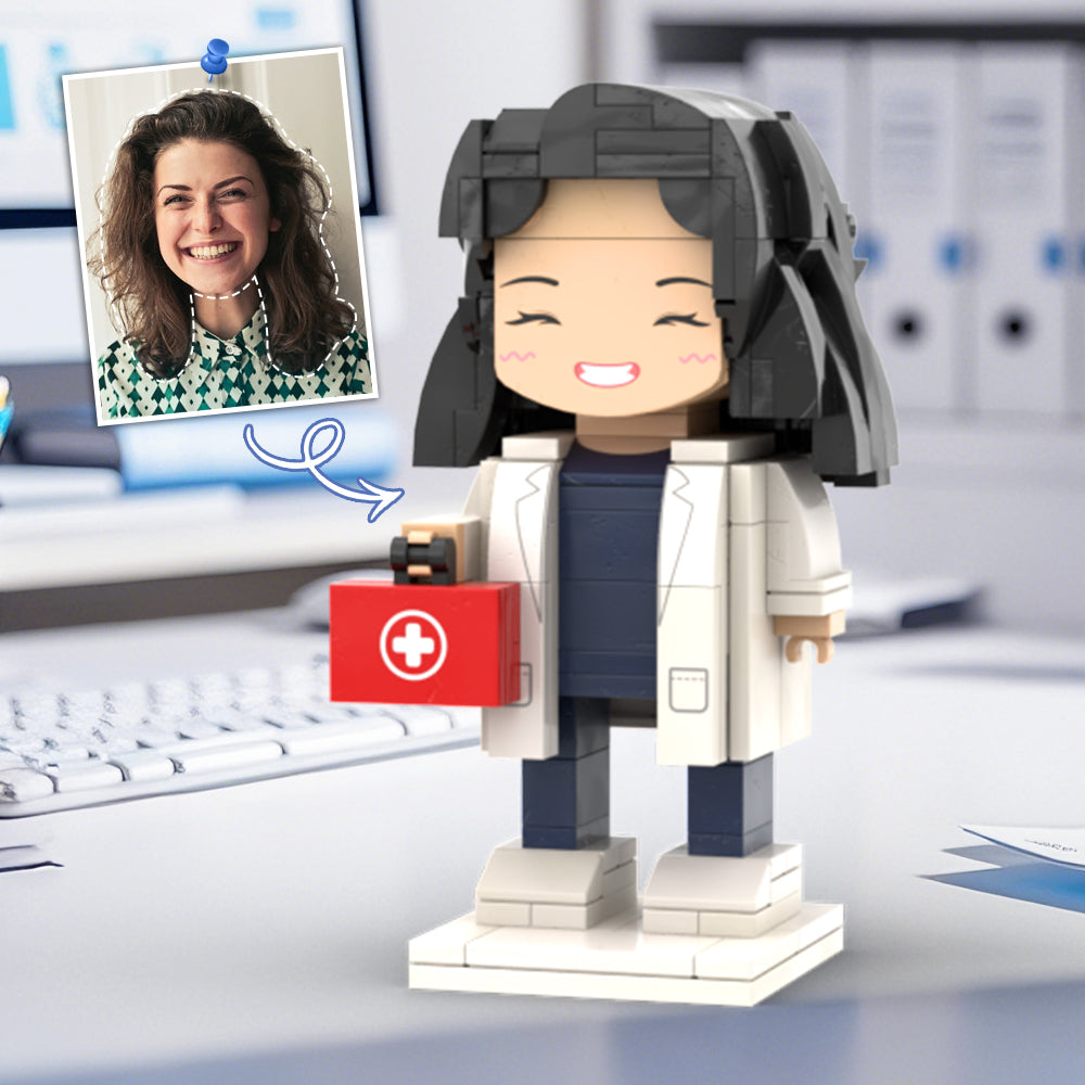 Doctors' Day Gift Customized Head Brick Figure for Female Doctor in Lab Coat with Engraved Text Occupational Gift