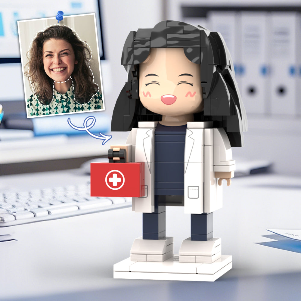 Doctors' Day Gift Customized Head Brick Figure for Female Doctor in Lab Coat with Engraved Text Occupational Gift