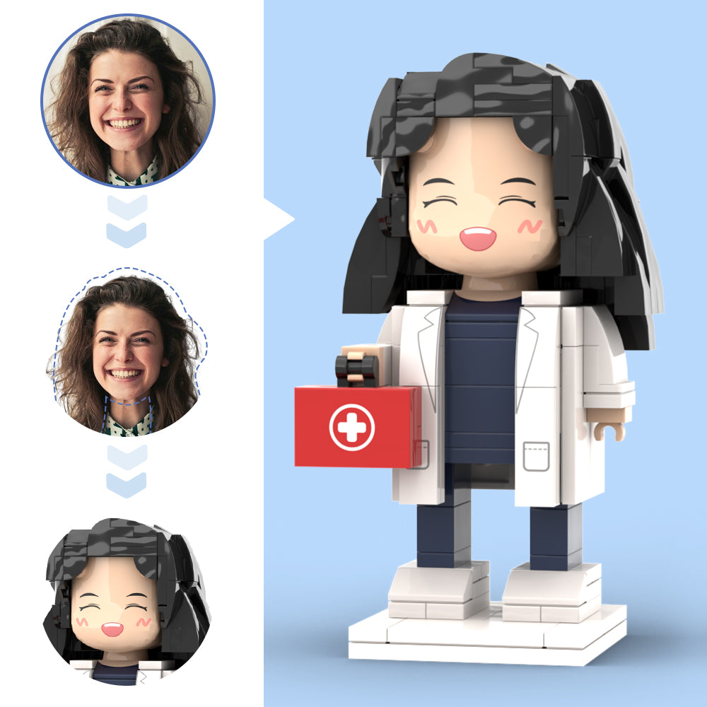 Doctors' Day Gift Customized Head Brick Figure for Female Doctor in Lab Coat with Engraved Text Occupational Gift