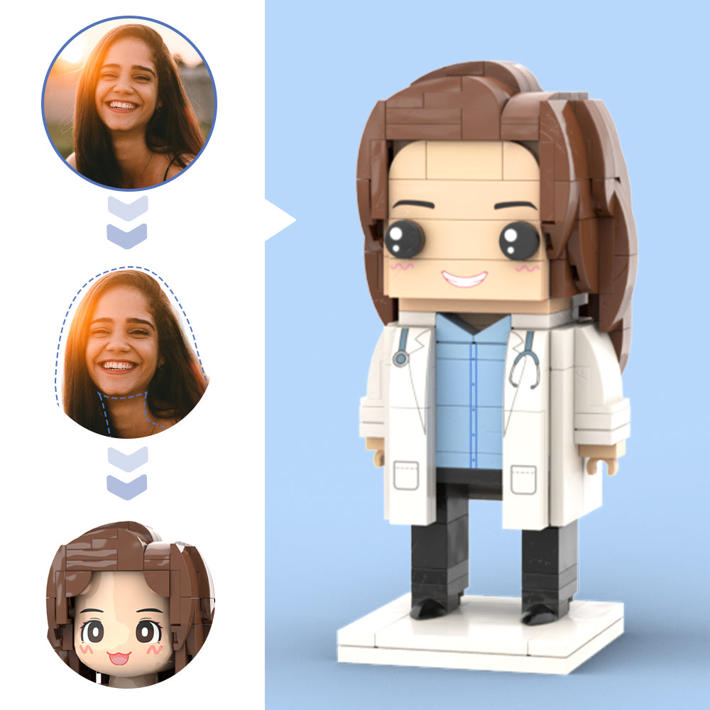 Doctors' Day Gift Customized Head Brick Figure for Female Doctor in Lab Coat with Engraved Text Occupational Gift