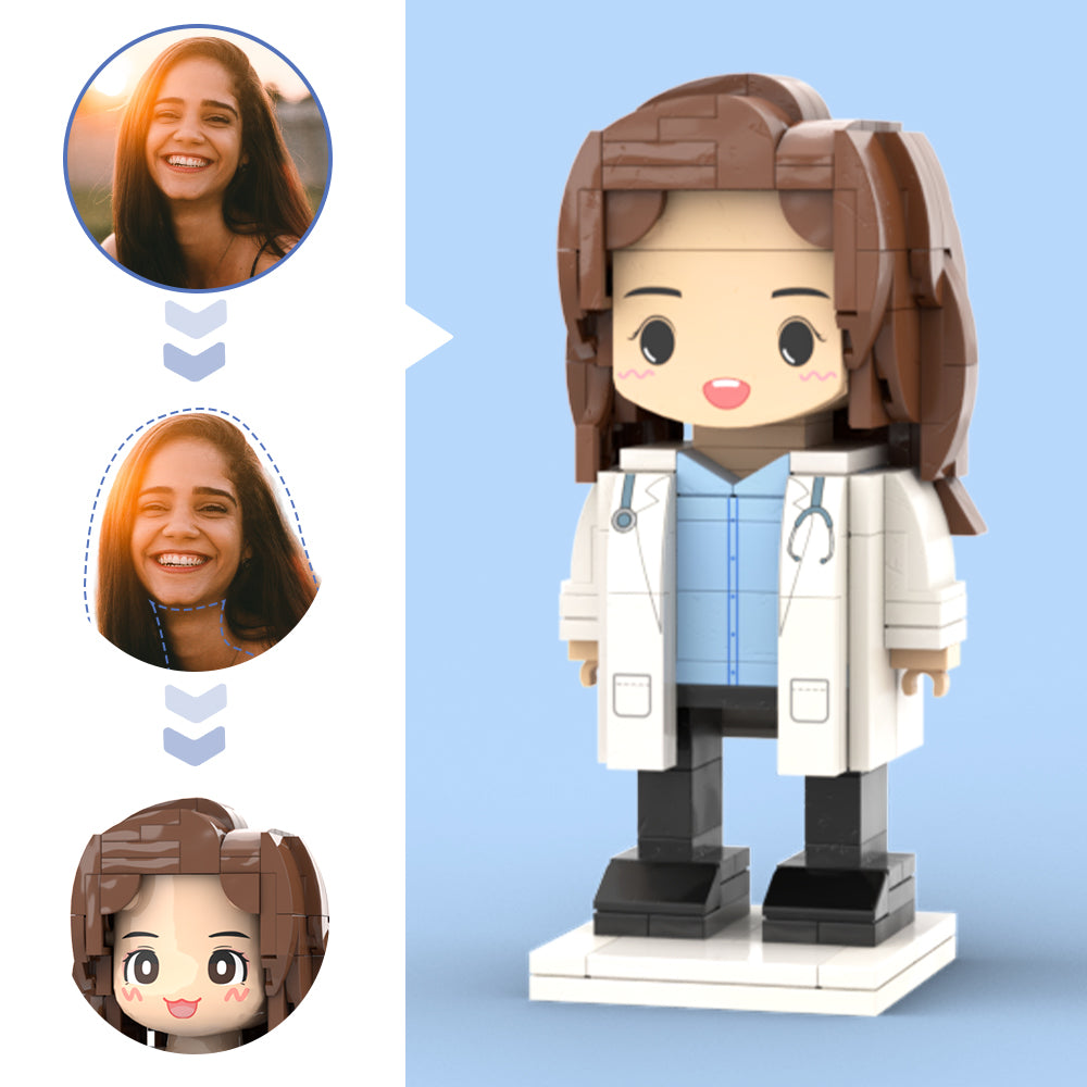 Doctors' Day Gift Customized Head Brick Figure for Female Doctor in Lab Coat with Engraved Text Occupational Gift