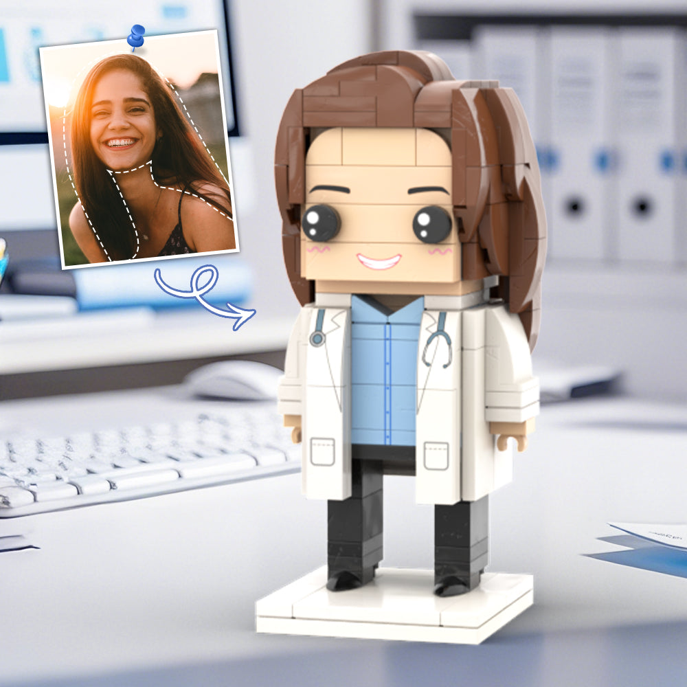 Doctors' Day Gift Customized Head Brick Figure for Female Doctor in Lab Coat with Engraved Text Occupational Gift