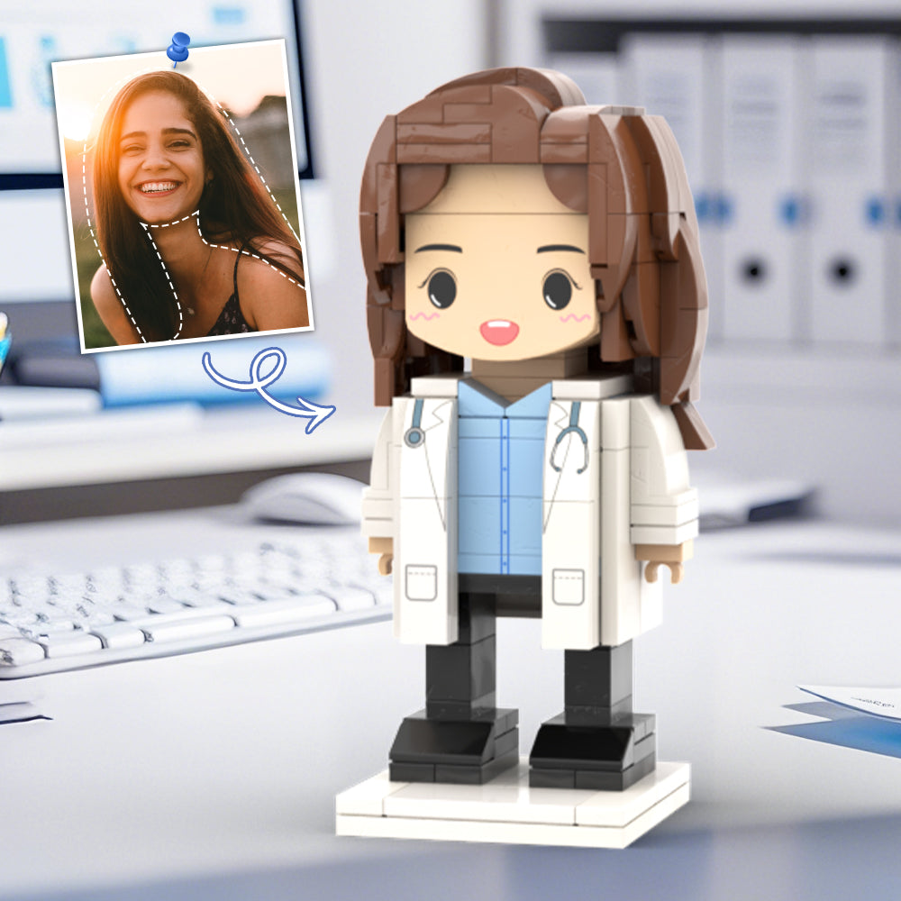 Doctors' Day Gift Customized Head Brick Figure for Female Doctor in Lab Coat with Engraved Text Occupational Gift