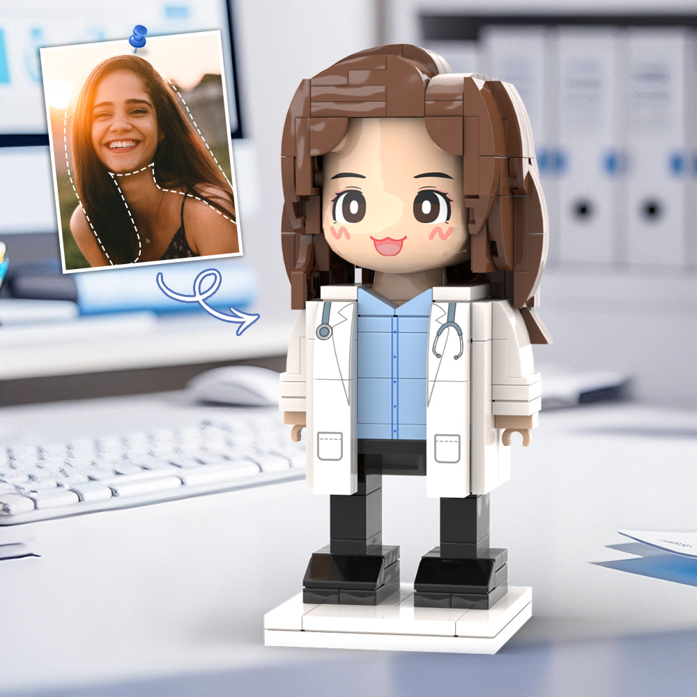 Doctors' Day Gift Customized Head Brick Figure for Female Doctor in Lab Coat with Engraved Text Occupational Gift
