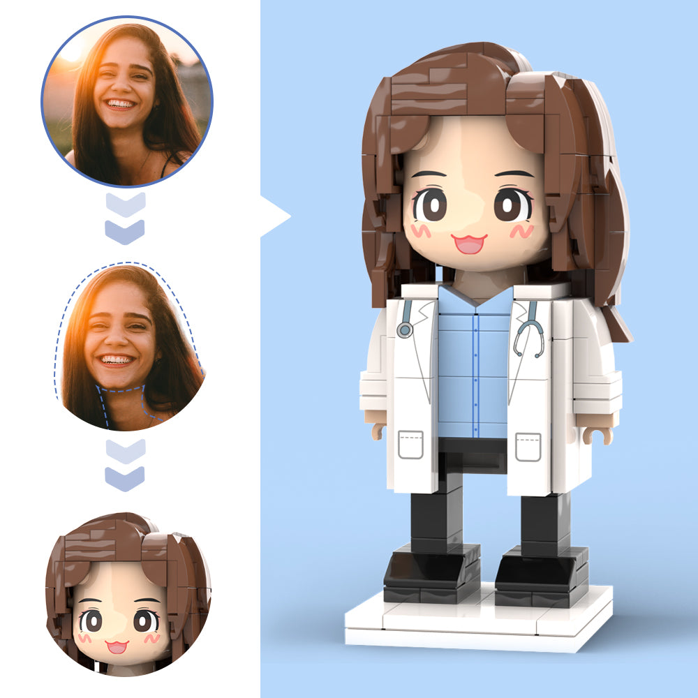 Doctors' Day Gift Customized Head Brick Figure for Female Doctor in Lab Coat with Engraved Text Occupational Gift